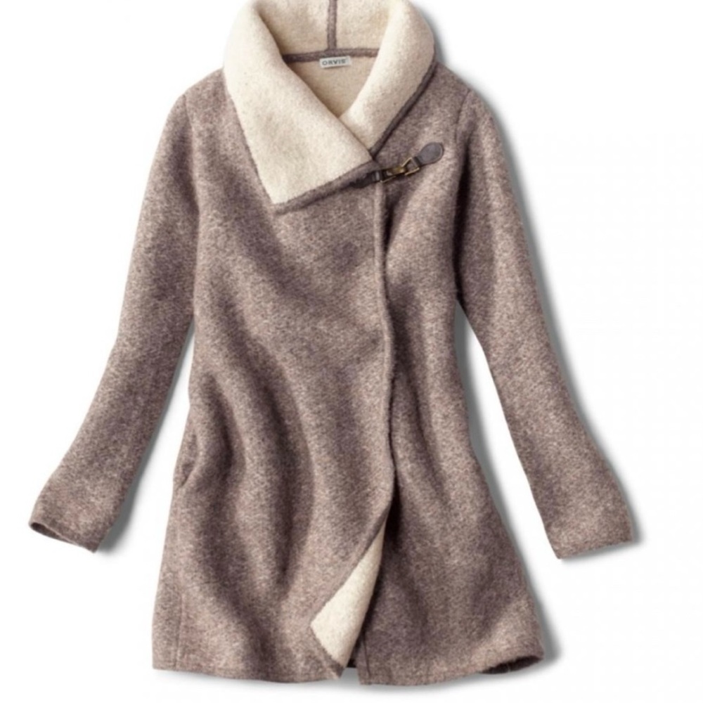 Orvis Left Bank Double-Knit Wool Sweater Coat Size Medium in Brown and Ivory